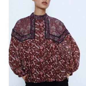 Zara Folk Blouse Sheer Floral Peasant Top Burgundy Puff Balloon Sleeve Cottage S